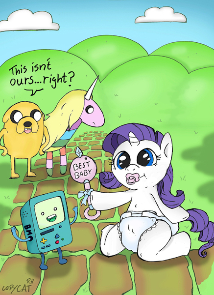 Size: 550x756 | Tagged: safe, artist:xxxcopycatxxx, derpibooru import, rarity, pony, adventure time, anatomically incorrect, babity, baby, bmo, crossover, dialogue, diaper, fanart mashup challenge, foal, incorrect leg anatomy, jake the dog, lady rainicorn, pacifier, rattle