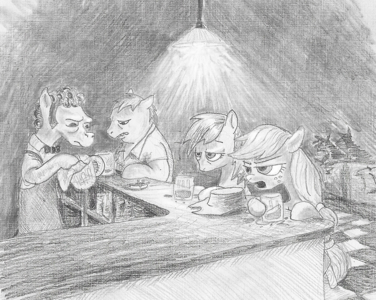 Size: 1112x889 | Tagged: safe, artist:t72b, derpibooru import, applejack, rainbow dash, ponified, earth pony, pegasus, pony, alcohol, annoyed, ashtray, background pony, bar, barney gumble, cider, cigarette, crossover, dark, depressed, drunk, moe syzlak, monochrome, sitting, the simpsons, traditional art