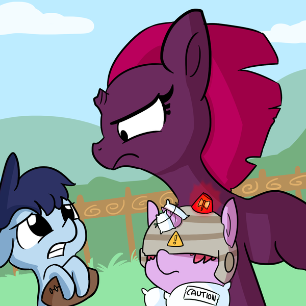 Size: 1650x1650 | Tagged: safe, artist:tjpones, derpibooru import, fizzlepop berrytwist, tempest shadow, oc, oc:puffpad, pony, unicorn, my little pony: the movie, american football, angry, armor, bipedal, broken horn, caution sign, colt, daughter, exclamation point, female, filly, floppy ears, frown, glare, gritted teeth, helicopter parents, helmet, hidden eyes, hoof hold, horn, male, mama bear, mare, mother, mother and daughter, overprotective, parent:tempest shadow, pillow armor, protecting, sports