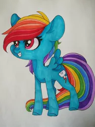 Size: 992x1322 | Tagged: safe, artist:aliceub, derpibooru import, rainbow dash, pegasus, pony, female, filly, filly rainbow dash, grin, mare, simple background, smiling, solo, spread wings, traditional art, white background, wings, younger