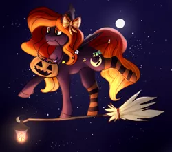 Size: 2345x2077 | Tagged: safe, artist:hazardous-jackdawze, derpibooru import, oc, oc:hallows night, unofficial characters only, bat, bat pony, pony, balancing, bow, broom, candy, clothes, commission, female, flying, flying broomstick, food, hair bow, halloween, high res, holiday, jack-o-lantern, lamp, mare, mouth hold, night, pumpkin, pumpkin bucket, sky, socks, solo, stars, striped socks, ych result