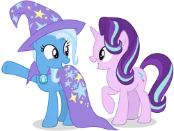 Size: 8000x6000 | Tagged: safe, artist:caliazian, derpibooru import, starlight glimmer, trixie, pony, unicorn, to change a changeling, .ai available, absurd resolution, cape, clothes, duo, hat, raised hoof, simple background, transparent background, trixie's cape, trixie's hat, underhoof, vector