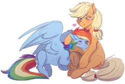 Size: 2136x1444 | Tagged: safe, artist:1an1, derpibooru import, applejack, rainbow dash, earth pony, pegasus, pony, appledash, cowboy hat, cute, dashabetes, eyes closed, female, freckles, hat, heart, lesbian, mare, shipping, simple background, sitting, smiling, stetson, white background