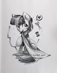 Size: 921x1179 | Tagged: safe, artist:pixel-prism, derpibooru import, coco pommel, earth pony, pony, female, grayscale, heart, looking at you, mare, measuring tape, monochrome, mouth hold, needle, pencil drawing, pictogram, scissors, simple background, solo, thread, traditional art, white background