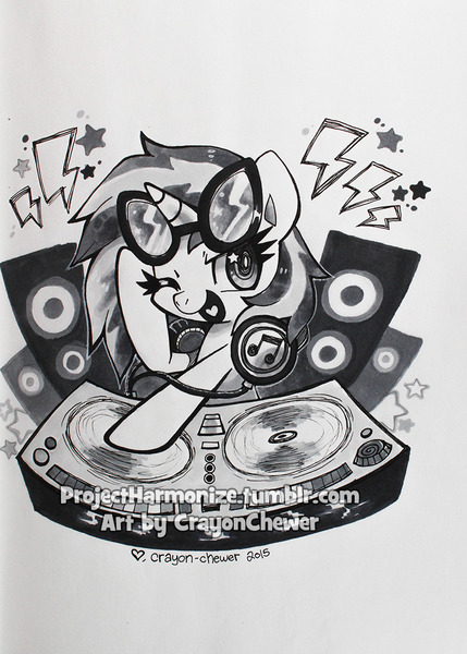 Size: 827x1157 | Tagged: safe, artist:crayon-chewer, derpibooru import, vinyl scratch, unicorn, female, headphones, looking at you, mare, one eye closed, pencil drawing, simple background, solo, speakers, starry eyes, sunglasses, traditional art, turntable, white background, wingding eyes, wink