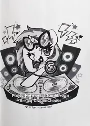 Size: 827x1157 | Tagged: safe, artist:crayon-chewer, derpibooru import, vinyl scratch, unicorn, female, headphones, looking at you, mare, one eye closed, pencil drawing, simple background, solo, speakers, starry eyes, sunglasses, traditional art, turntable, white background, wingding eyes, wink