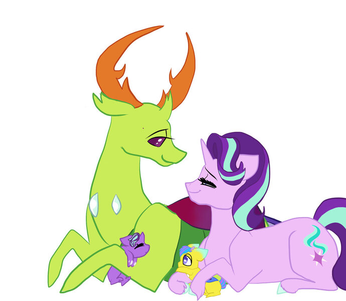 Size: 1024x890 | Tagged: safe, artist:arirain, derpibooru import, starlight glimmer, thorax, oc, changedling, changeling, pony, unicorn, female, glimax, king thorax, lidded eyes, looking at each other, male, offspring, parent:starlight glimmer, parent:thorax, parents:glimax, prone, shipping, simple background, smiling, straight, unshorn fetlocks, white background