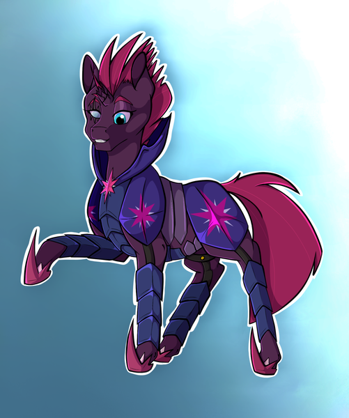 Size: 1024x1226 | Tagged: safe, artist:absolutecactus, derpibooru import, fizzlepop berrytwist, tempest shadow, pony, my little pony: the movie, alternate universe, armor, blind eye, blue background, bodyguard, broken horn, custom armor, cutie mark, eye scar, gradient background, raised hoof, royal guard, royal guard armor, scar, simple background, smiling, solo, tempest becomes a royal guard