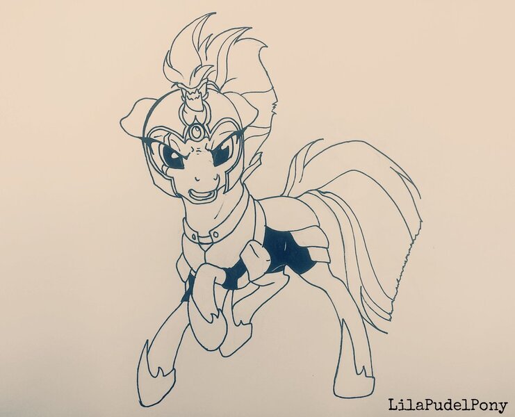 Size: 1024x829 | Tagged: safe, artist:lilapudelpony, derpibooru import, tempest shadow, pony, unicorn, my little pony: the movie, armor, broken horn, female, helmet, inktober, inktober 2017, looking at you, mare, monochrome, simple background, sketch, solo, traditional art