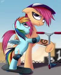 Size: 2285x2816 | Tagged: age swap, artist:php69, derpibooru import, duo, female, filly, filly rainbow dash, older, rainbow dash, role reversal, safe, scootaloo, scooter, skateboard, tattoo, younger