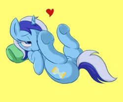 Size: 850x700 | Tagged: suggestive, artist:mingy.h, derpibooru import, minuette, pony, unicorn, bedroom eyes, belly button, blushing, cute, cutie mark, female, floating heart, heart, lifted leg, pillow, simple background, smiling, solo, solo female, underhoof, yellow background