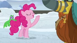 Size: 1280x720 | Tagged: safe, derpibooru import, screencap, gummy, pinkie pie, prince rutherford, pony, yak, not asking for trouble, biting, eyes closed, snow, tail bite