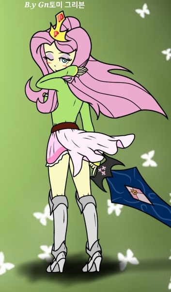 Size: 1440x2448 | Tagged: safe, artist:ajrrhvk12, derpibooru import, fluttershy, equestria girls, blushing, clothes, crown, high heels, jewelry, looking at you, looking back, one eye closed, out of character, rear view, regalia, shoes, solo, sword, weapon, wink