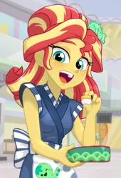 Size: 780x1150 | Tagged: safe, artist:ta-na, derpibooru import, sunset shimmer, eqg summertime shorts, equestria girls, good vibes, alternate hairstyle, apron, barrette, blushing, clothes, cute, eyeshadow, female, food, hairclip, hairpin, happi, looking at you, makeup, open mouth, shimmerbetes, smiling, smirk, solo, sunset sushi, sushi, toy interpretation, uniform
