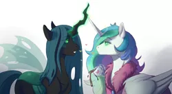 Size: 2466x1348 | Tagged: safe, artist:1an1, derpibooru import, princess celestia, queen chrysalis, alicorn, changeling, changeling queen, pony, chryslestia, female, floating heart, glowing eyes, heart, hypnosis, lesbian, looking at each other, mare, shipping, simple background, smiling