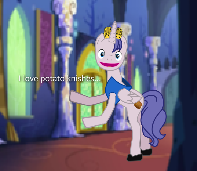 Size: 2432x2103 | Tagged: safe, derpibooru import, ponified, alicorn, pony, castle, crossover, food, little king john, photo manipulation, potato, potato knishes, ratboy genius, solo, song reference