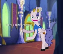 Size: 2432x2103 | Tagged: safe, derpibooru import, ponified, alicorn, pony, castle, crossover, food, little king john, photo manipulation, potato, potato knishes, ratboy genius, solo, song reference