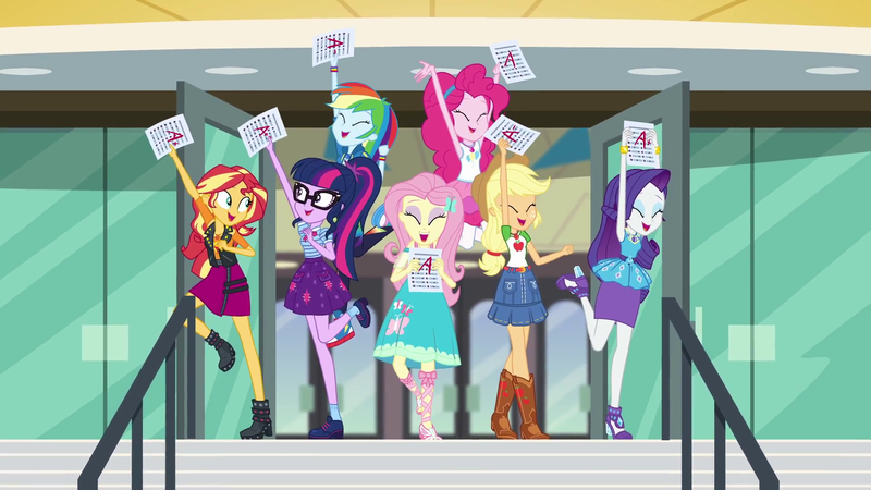 Size: 1920x1080 | Tagged: safe, derpibooru import, screencap, applejack, fluttershy, pinkie pie, rainbow dash, rarity, sci-twi, sunset shimmer, twilight sparkle, equestria girls, equestria girls series, the finals countdown, canterlot high, converse, geode of empathy, geode of sugar bombs, geode of super speed, geode of super strength, geode of telekinesis, magical geodes, shoes, test paper, unicorn master race