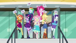 Size: 1920x1080 | Tagged: safe, derpibooru import, screencap, applejack, fluttershy, pinkie pie, rainbow dash, rarity, sci-twi, sunset shimmer, twilight sparkle, equestria girls, equestria girls series, the finals countdown, canterlot high, converse, geode of empathy, geode of sugar bombs, geode of super speed, geode of super strength, geode of telekinesis, magical geodes, shoes, test paper, unicorn master race