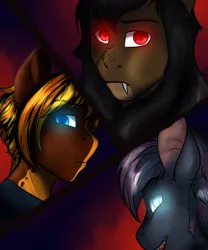 Size: 1024x1232 | Tagged: safe, artist:blackblood-queen, derpibooru import, oc, oc:daniel dasher, oc:octavus, oc:orpheus, unofficial characters only, anthro, bat pony, pegasus, anthro oc, bat pony oc, clothes, fangs, glowing eyes, looking at you, male, slit eyes, stallion, trio