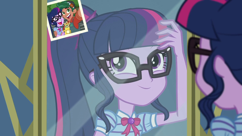 Size: 1920x1080 | Tagged: safe, derpibooru import, screencap, sci-twi, timber spruce, twilight sparkle, equestria girls, equestria girls series, star crossed, adorkable, cute, dork, female, geode of telekinesis, glasses, male, mirror, photo, ponytail, selfie, shipping, smiling, straight, timberbetes, timbertwi, twiabetes