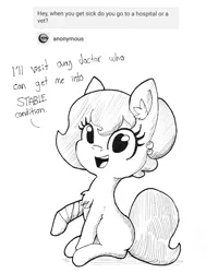 Size: 1544x2040 | Tagged: safe, artist:tjpones, derpibooru import, edit, editor:dsp2003, oc, oc:brownie bun, unofficial characters only, earth pony, pony, horse wife, ask, bandage, chest fluff, dialogue, ear fluff, female, grayscale, inktober, lineart, looking at you, monochrome, pun, raised hoof, simple background, sitting, smiling, solo, traditional art, tumblr, white background