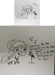 Size: 762x1039 | Tagged: safe, artist:tjpones, derpibooru import, sweetie belle, pony, unicorn, beanie, black and white, bling, clothes, dmx, get it on the floor, grayscale, hat, lineart, microphone, monochrome, music notes, rapper, shoes, singing, solo, song reference, traditional art