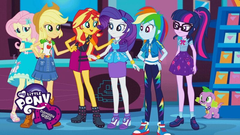 Size: 1280x720 | Tagged: safe, derpibooru import, screencap, applejack, fluttershy, rainbow dash, rarity, sci-twi, spike, spike the regular dog, sunset shimmer, twilight sparkle, dog, a fine line, equestria girls, equestria girls series, converse, equestria girls logo, geode of fauna, geode of shielding, geode of super speed, geode of super strength, geode of telekinesis, magical geodes, ponytail, shoes, sneakers