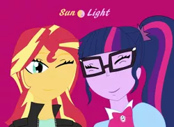 Size: 1639x1192 | Tagged: safe, artist:miraculouslover21, derpibooru import, sci-twi, sunset shimmer, twilight sparkle, equestria girls, cuddling, eyes closed, female, lesbian, one eye closed, scitwishimmer, shipping, simple background, smiling, sunsetsparkle