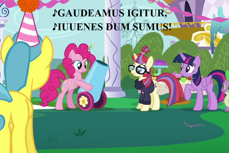 Size: 1080x720 | Tagged: alicorn, amending fences, canterlot, cropped, derpibooru import, dragon, edit, edited screencap, gaudeamus igitur, hat, latin, lemon hearts, lyrics, moondancer, party cannon, party hat, pinkie pie, safe, screencap, song reference, spike, twilight sparkle, twilight sparkle (alicorn)