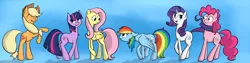 Size: 8640x2160 | Tagged: safe, artist:cloudyskieswrites, derpibooru import, applejack, fluttershy, pinkie pie, rainbow dash, rarity, twilight sparkle, pony, unicorn, high res, mane six, prehensile tail, rearing