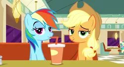 Size: 1836x988 | Tagged: applejack, beverage, bright, derpibooru import, drinking straw, duo, female, honey curls, hypocrisy, mare, mare e. lynn, rainbow dash, rainbow dash is best facemaker, safe, screencap, sipping, sitting, smug, smugdash, smugjack, the saddle row review