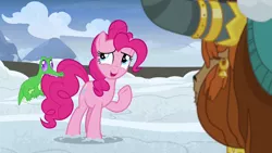 Size: 1280x720 | Tagged: safe, derpibooru import, screencap, gummy, pinkie pie, prince rutherford, pony, yak, not asking for trouble, biting, snow, tail bite