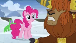 Size: 1280x720 | Tagged: safe, derpibooru import, screencap, gummy, pinkie pie, prince rutherford, alligator, pony, yak, not asking for trouble, biting, cloven hooves, female, male, snow, tail bite