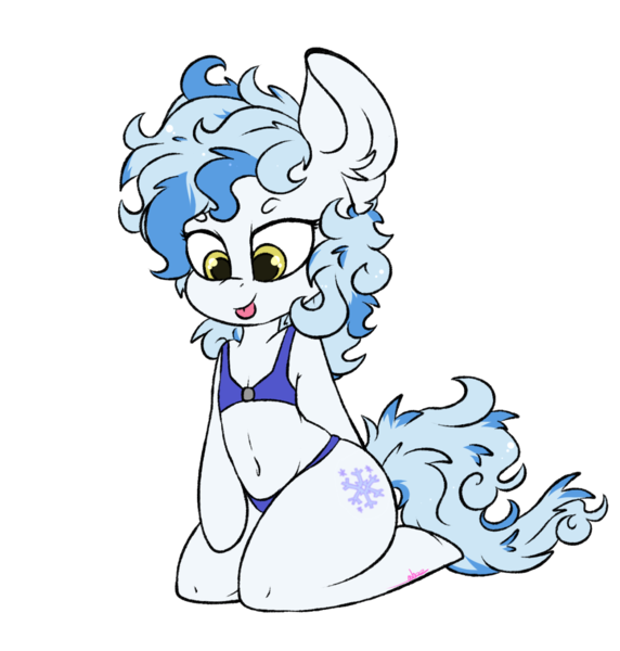 Size: 1280x1342 | Tagged: safe, artist:ashee, derpibooru import, oc, oc:frostfall, unofficial characters only, earth pony, semi-anthro, belly button, clothes, ear fluff, female, kneeling, mare, simple background, smiling, solo, swimsuit, tongue out, transparent background, ych result, yellow eyes