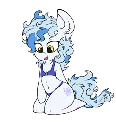 Size: 1280x1342 | Tagged: safe, artist:ashee, derpibooru import, oc, oc:frostfall, unofficial characters only, earth pony, semi-anthro, belly button, clothes, ear fluff, female, kneeling, mare, simple background, smiling, solo, swimsuit, tongue out, transparent background, ych result, yellow eyes