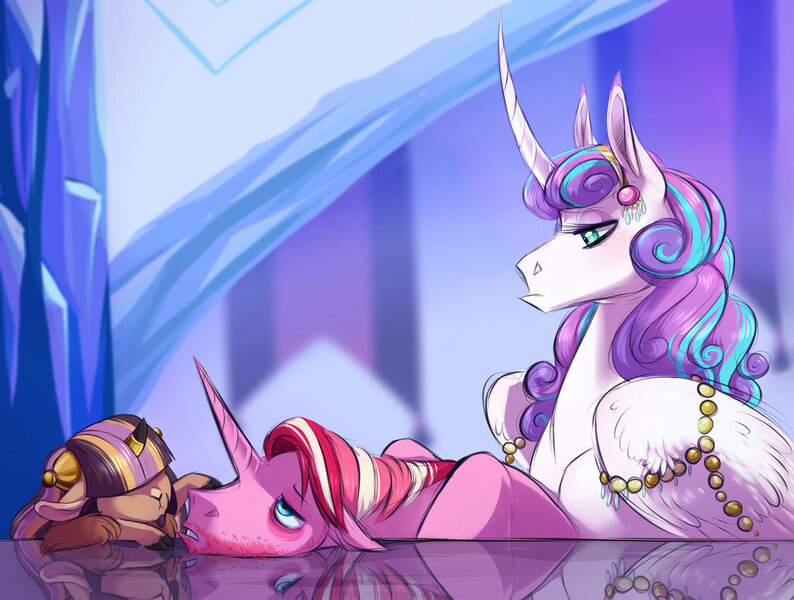 Size: 1024x774 | Tagged: safe, artist:vindhov, derpibooru import, princess flurry heart, oc, oc:love letter, oc:riposte, alicorn, hybrid, pony, unicorn, yak, yakony, brother and sister, cousins, female, filly, five o'clock shadow, interspecies offspring, male, mare, next generation, offspring, older, older flurry heart, parent:prince rutherford, parent:princess cadance, parent:shining armor, parent:twilight sparkle, parents:shiningcadance, parents:twiford, stallion, story included