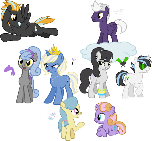 Size: 1600x1485 | Tagged: safe, artist:lost-our-dreams, derpibooru import, oc, oc:comet blaze, oc:dolphin dancer, oc:dragonfly, oc:magic trick, oc:pageant prize, oc:silver wind, oc:strobe light, oc:treble tune, unofficial characters only, earth pony, pegasus, pony, unicorn, female, filly, male, mare, offspring, parent:cloudchaser, parent:diamond tiara, parent:hoity toity, parent:lightning dust, parent:neon lights, parent:octavia melody, parent:prince blueblood, parent:royal riff, parent:sapphire shores, parent:silver spoon, parent:snails, parent:snips, parent:thunderlane, parent:trixie, parent:vinyl scratch, parents:bluetrix, parents:diamondsnips, parents:snailspoon, parents:thunderchaser, parents:thunderdust, parents:vinylights, prone, simple background, stallion, white background