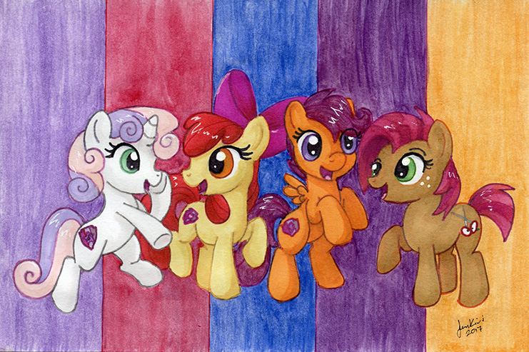 Size: 741x493 | Tagged: safe, artist:jenkiwi, derpibooru import, apple bloom, babs seed, scootaloo, sweetie belle, earth pony, pegasus, pony, unicorn, cousins, cutie mark crusaders, female, filly, smiling, traditional art