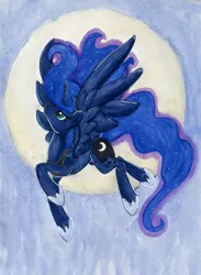 Size: 653x892 | Tagged: safe, artist:jenkiwi, derpibooru import, princess luna, alicorn, pony, female, flying, full moon, mare, moon, smiling, solo, spread wings, traditional art, watercolor painting, wings