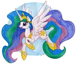 Size: 853x728 | Tagged: safe, artist:jenkiwi, derpibooru import, princess celestia, alicorn, pony, crown, female, flying, jewelry, mare, open mouth, regalia, simple background, smiling, solo, traditional art, watercolor painting