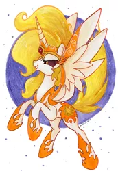 Size: 590x859 | Tagged: safe, artist:jenkiwi, derpibooru import, daybreaker, alicorn, pony, female, helmet, mare, marker drawing, rearing, smiling, solo, traditional art, watercolor painting