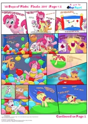 Size: 2480x3508 | Tagged: safe, artist:rupertbluefox, derpibooru import, apple bloom, pinkie pie, scootaloo, sweetie belle, series:30 dayz of pinks, balloon, balloon sitting, bouncing, bouncy castle, comic, cute, cutie mark crusaders, happy, high res, hug, laughing, nose in the air, playing, prone, squeak, squished, tongue out, upside down