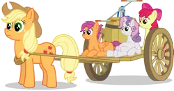 Size: 2110x1103 | Tagged: safe, artist:malte279, derpibooru import, apple bloom, applejack, scootaloo, sweetie belle, earth pony, pegasus, pony, unicorn, cart, cutie mark crusaders, female, filly, foal, free to use, mare, simple background, transparent background, vector