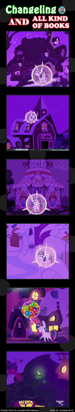 Size: 600x3263 | Tagged: safe, artist:vavacung, derpibooru import, twilight sparkle, oc, changeling, pony, unicorn, comic:changeling and all kind of books, book, carousel boutique, comic, fluttershy's cottage, glowing horn, golden oaks library, hood, pictogram, pointy ponies, rainbow dash's house, sweet apple acres, teleportation, thief