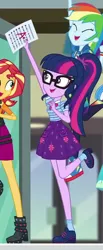 Size: 338x818 | Tagged: safe, derpibooru import, screencap, rainbow dash, sci-twi, sunset shimmer, twilight sparkle, equestria girls, equestria girls series, the finals countdown, a++, boots, clothes, converse, cropped, eyes closed, female, geode of super speed, glasses, grades, how, intelligence, intelligent, magical geodes, nerd, offscreen character, ponytail, shoes, skirt, smart, socks, success