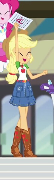 Size: 268x886 | Tagged: safe, derpibooru import, screencap, applejack, pinkie pie, rarity, equestria girls, equestria girls series, the finals countdown, boots, clothes, cowboy boots, cowboy hat, cropped, denim skirt, eyes closed, female, geode of sugar bombs, geode of super strength, hat, high heel boots, high heels, offscreen character, shoes, skirt, stetson