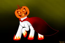 Size: 1200x800 | Tagged: safe, artist:dyonys, derpibooru import, oc, oc:pyromane, unofficial characters only, clothes, costume, fire, halloween, holiday, jack-o-lantern, male, pumpkin, pumpkinhead, stallion