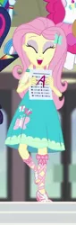 Size: 244x717 | Tagged: safe, derpibooru import, screencap, fluttershy, pinkie pie, equestria girls, equestria girls series, the finals countdown, clothes, cropped, cute, eyes closed, female, geode of sugar bombs, grades, happy, implied rainbow dash, implied sci-twi, offscreen character, sandals, shyabetes, skirt, smiling, success