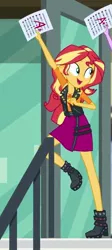 Size: 351x782 | Tagged: safe, derpibooru import, screencap, sunset shimmer, equestria girls, equestria girls series, the finals countdown, a+, boots, clothes, cropped, female, geode of empathy, grades, high heel boots, jacket, leather jacket, shoes, skirt, smiling, solo, test